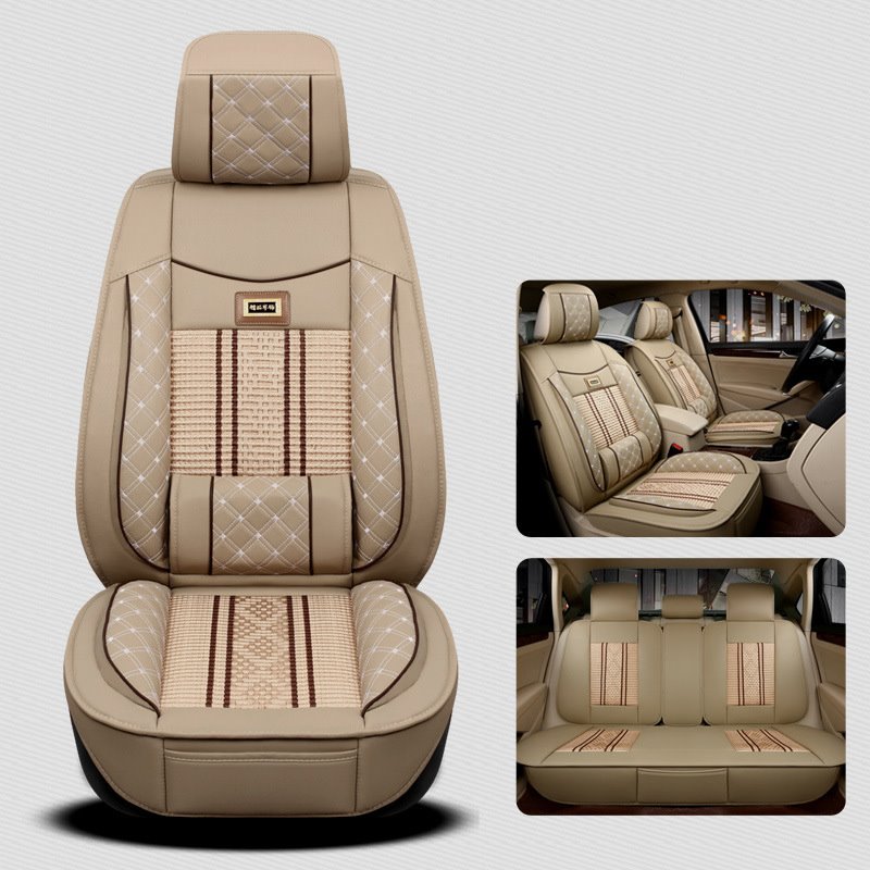 5 Sitze, hochwertiges, verschleißfestes Leder, Eisseide, Sommer, kühl, hautfreundlich, umweltfreundlich, langlebig, leicht zu reinigen, universelle Passform 