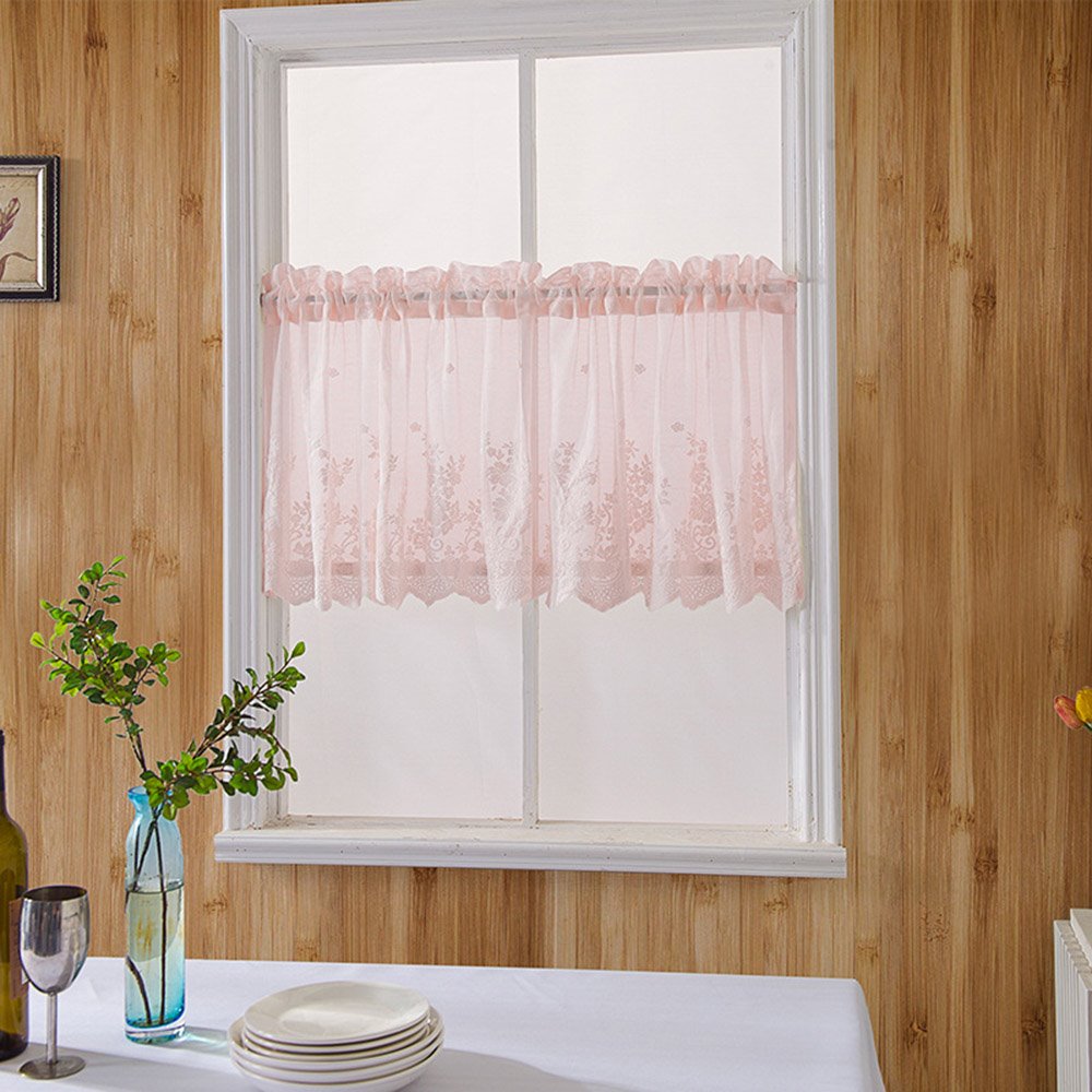 Europäischer Fenstervolant mit Blumenmuster, 1 Stück, transparenter Voile, kurzer Volant für Küchen, Badezimmer, Keller und mehr