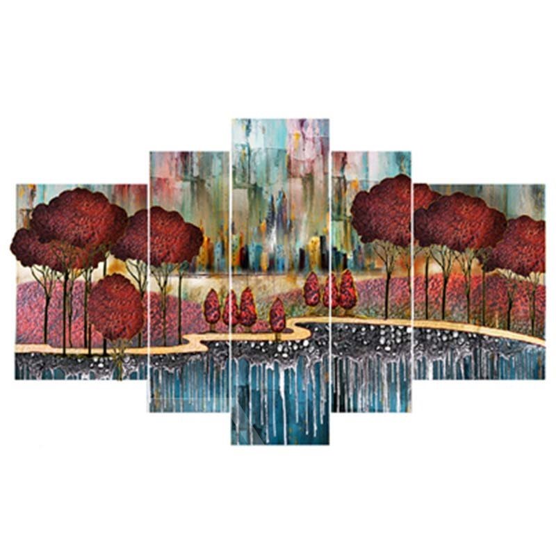 Red Trees and Lake Hanging 5-Piece Canvas Eco-friendly and Waterproof Non-framed Prints