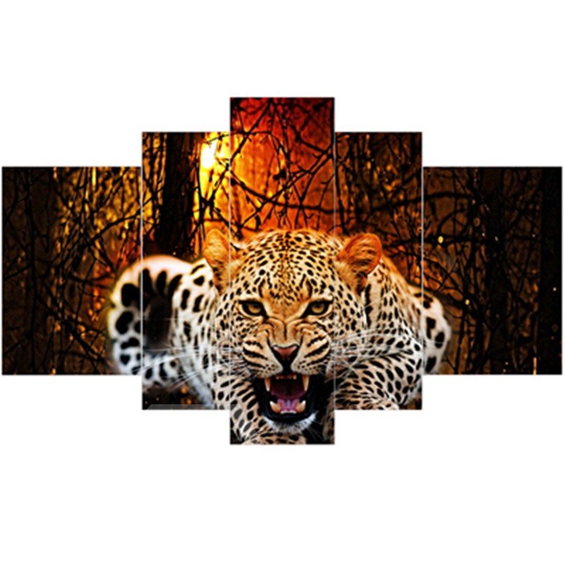 Roaring Leopard Pattern Hanging 5-Piece Canvas Eco-friendly and Waterproof Non-framed Prints