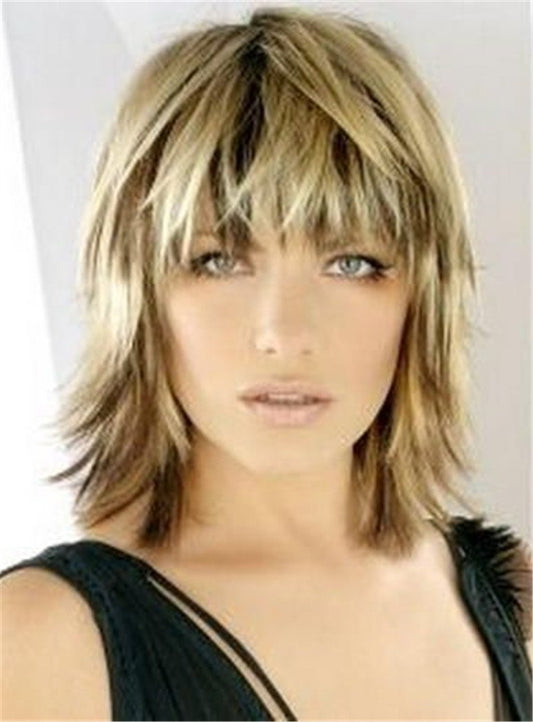 Bangs Layered Blonde Haircut Straight Synthetic Hair Capless Wig 12 Inches