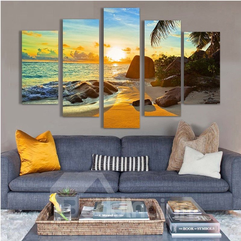Beach in Sunrise Hanging 5-Piece Canvas Eco-friendly and Waterproof Non-framed Prints