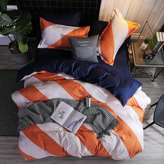 Modernes 3-teiliges Bettwäsche-Set/Bettbezug-Set mit orange-weißen Streifen, Polyester, 1 Bettbezug, 2 Kissenbezüge 