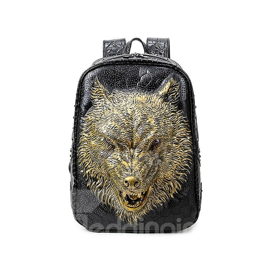 Mochila escolar informal de cuero PU 3D con cabeza de lobo