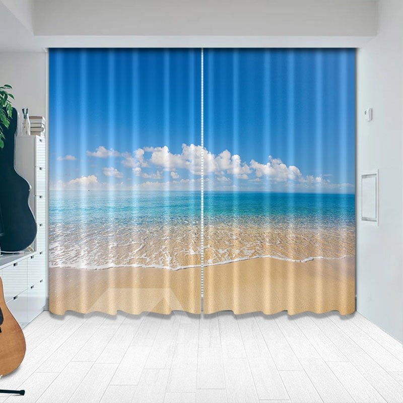 Blackout Creative Ocean Beach Blue Curtains 260g ©O Classy Silky Satin Polyester Heat Insulation Shading Effect and Anti-ultraviolet Radiation for Fresh Summer Life 87*84inch