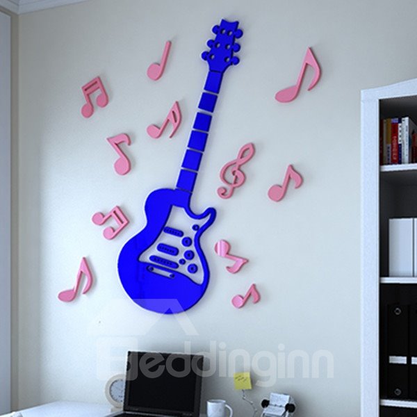 Diseño de moda Guitarra acrílica y patrón de notas 4 colores pegatinas de pared 3D
