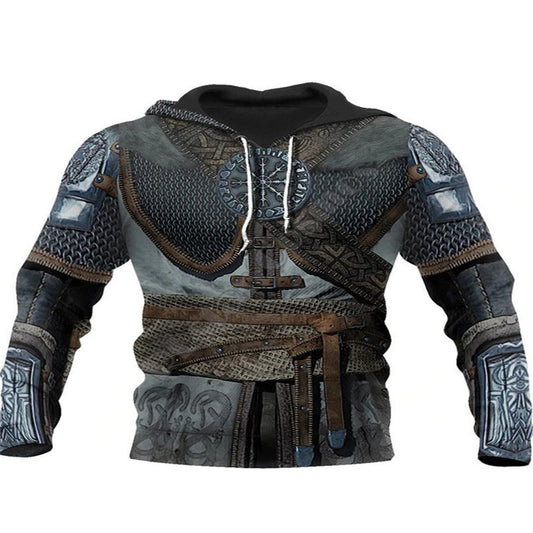 Männer Viking Warrior Armor Hoodie, 3D-gedruckte nordische Tempelritter Tattoos Harajuku Herbst Pullover Jacke Cosplay Mantel 