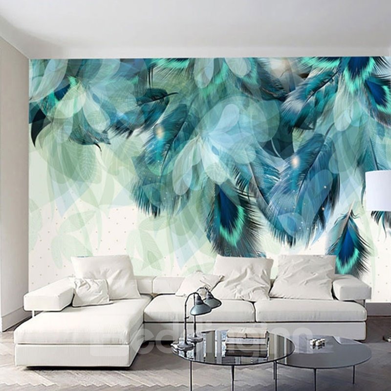 Waterproof Non-woven Fabrics Soft Peacock Feathers Environment Friendly 3D Wall Murals/Wallpaper