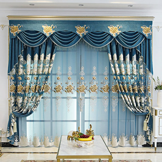 European Blue Sheer Curtains Elegant Embroidery Floral Sheer for Living Room Bedroom Decoration Custom 2 Panels Breathable Voile Drapes No Pilling No Fading No off-lining Polyester