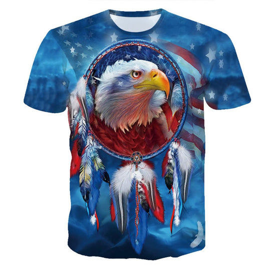Camiseta de hombre con estampado de águila en 3D, manga corta azul, cuello redondo ajustado, delgada con tela cómoda y transpirable 