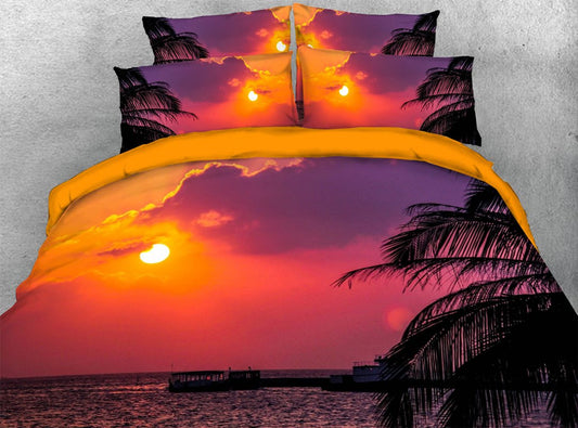 Sunset Sea 3D Coastal 5-teiliges Bettdeckenset, 3D-Landschaftsbettwäsche, leichtes, weiches Bettwäscheset mit Reißverschluss und weißer Daunendecke 