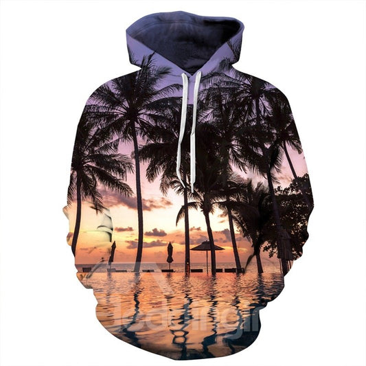 Langarm-Kapuzenpullover mit Kokosnuss-Strand-Sonnenuntergang-Muster, 3D-bemalt