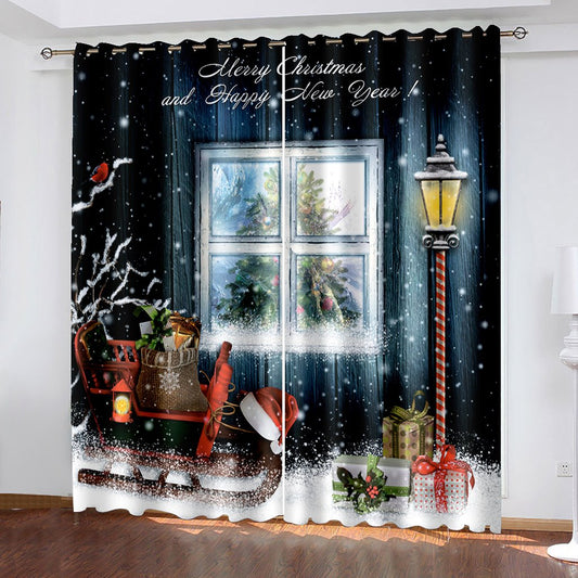 Cortinas navideñas 3D, regalo bajo la lámpara de calle, cortinas opacas con estampado navideño negro para sala de estar, dormitorio, cortinas para ventanas, juego de 2 paneles 