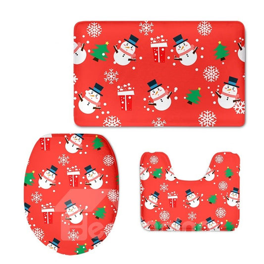 Fundas de asiento de inodoro rojas antideslizantes suaves de PVC de franela con diseño de árboles de muñecos de nieve navideños
