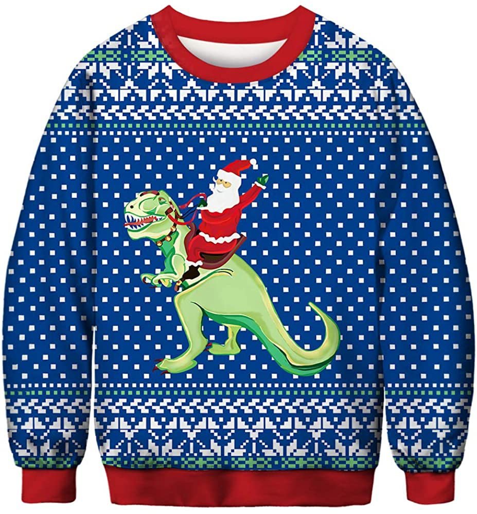 Ugly Christmas 3D-Druck Dinosaurier Damen Herren Kapuzenpullover Kreativ Unisex Rundhals Pullover Hoodies Lässig Lose Langarm Sweatshirt Sportbekleidung 