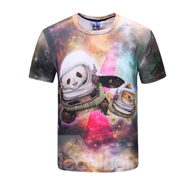 Lovely Round Neck Can And Panda Astronauts Pattern 3D Painted T-Shirt