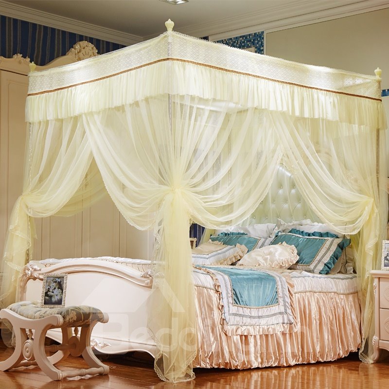Three Openings Four Corner Post Stainless Steel Frame Light Yellow Polyester Mosquito Bed Nets