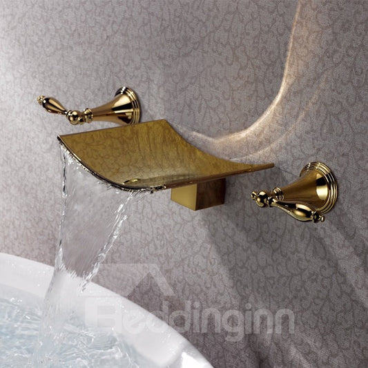 Country Golden Double Handles Weit verbreiteter Wasserfall-Wandmontage-Badezimmer-Waschbeckenhahn