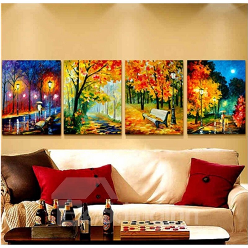 16¡Á24in¡Á4 Panels Yellow Leaves and Road Night Hanging Canvas Non-framed Wall Prints