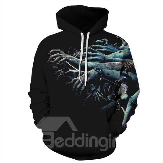 Sudadera con capucha de manga larga con estampado 3D de Halloween, color negro, con muchos brazos y manos