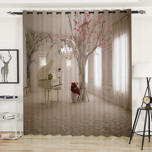 Cortinas opacas con diseño de piano y árbol blanco moderno con impresión 3D, 2 paneles personalizados, cortinas para sala de estar, dormitorio, sin pelusas, sin decoloración, sin forro de poliéster