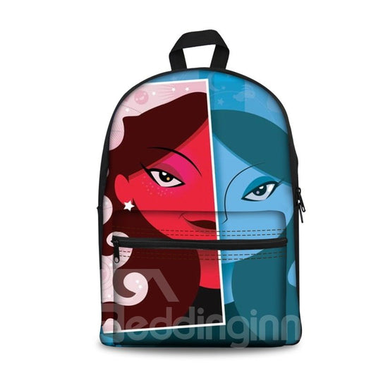 3D-Kinderschulrucksack für Jungen und Mädchen. 3D-Mädchengesicht-Druckdesign in Rot und Blau