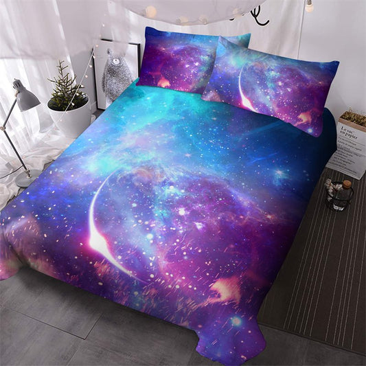 Juego de edredón/juego de cama de galaxia morada con estampado 3D de 3 piezas, microfibra ultrasuave que no se decolora, tamaño Queen 1 edredón y 2 fundas de almohada 