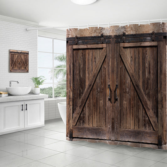 Old Barn Door Printed Shower Curtain, Rustic Style Country Barn Door Waterproof Shower Curtain with 12 Hooks, 72 x 72 Inches