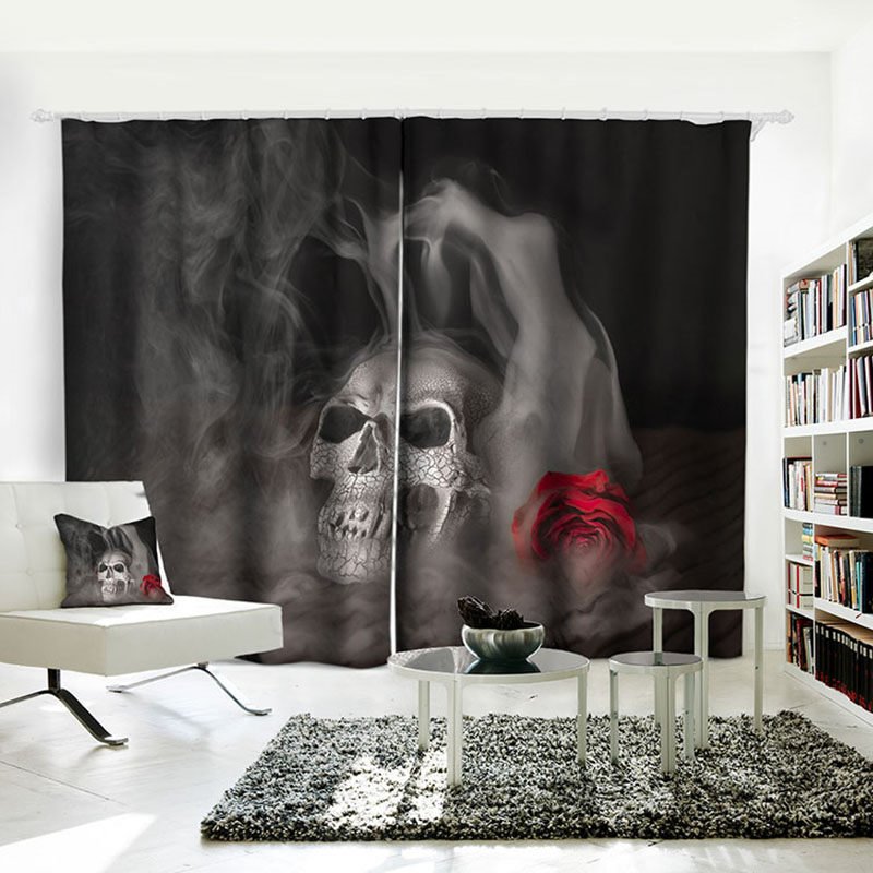 Cortinas opacas grises de tela de sombreado 3D de Halloween, cortina personalizada con estampado de calavera, resistente al agua y al polvo, para decoración de ventanas de sala de estar y dormitorio 