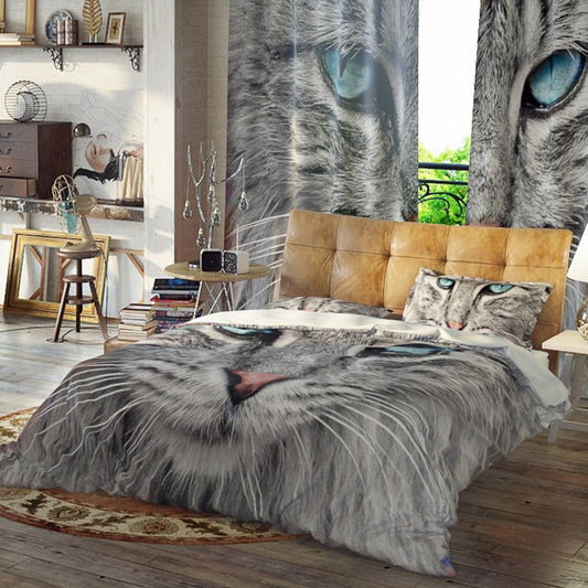 Blaue Katze Bettbezug-Set Reaktivdruck Dreiteiliges Set Polyester-Bettwäsche-Sets 