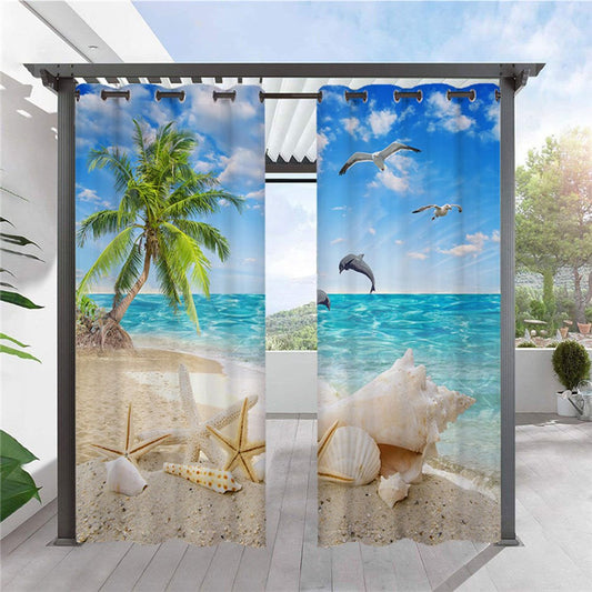 Cortinas exclusivas para exteriores, paisaje marino en 3D, concha, árbol de coco, cabaña sólida, cortina superior con ojales, impermeable, a prueba de sol, aislamiento térmico, 2 paneles 