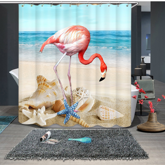 Flamingo Beach Seashell Print Shower Curtain with Cloth Fabric Bathroom Decor Set with Hooks, 72 x 72 Inches