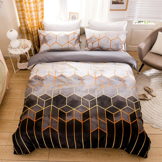 Einfaches dreiteiliges Set mit geometrischem Rautenmuster, Reaktivdruck-Bettbezug-Set, strapazierfähiges, hautfreundliches Polyester, 2 Kissenbezüge 