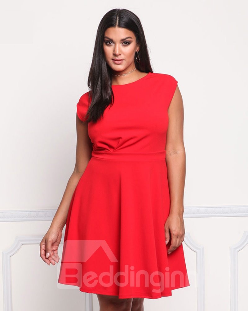 High-Waist Sleeve A-Line Silhouette Polyester Plus Size Dress