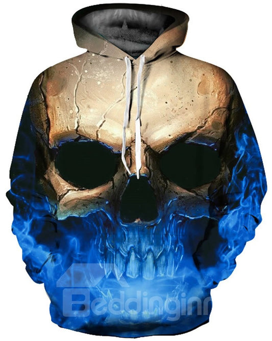 Einzigartiger langärmliger Kapuzenpullover mit Totenkopf-Blaumuster und 3D-Bemalung