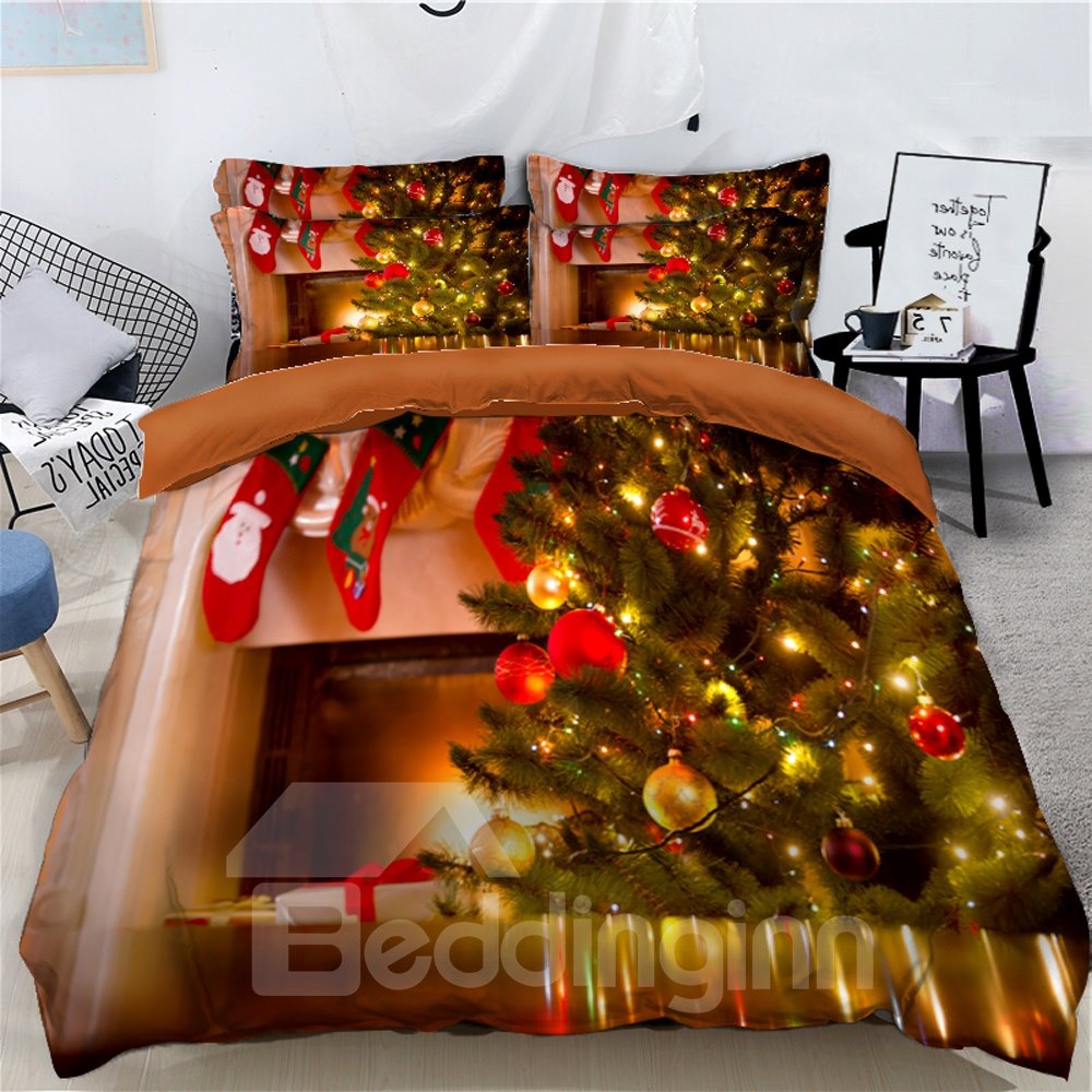 Christmas Tree with Decorations Balls and Light Printed 3D 4-Piece Bedding Sets Duvet Covers Colorfast Wear-resistant Endurable Skin-friendly All-Season Ultra-soft Microfiber No-fading