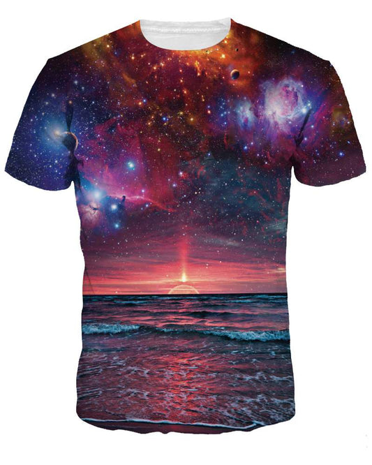 Camiseta de manga corta pintada en 3D con diseño universal de cuello redondo Galaxy Sunset Sea