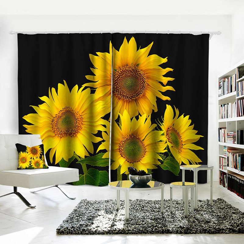 3D-Blumenvorhänge mit Sonnenblumenmotiv, Verdunkelungsvorhänge, 2-teiliges Set für Wohnzimmer, Schlafzimmer, Dekoration, Fenster 