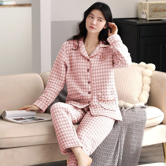 Nap Loungewear Pijamas con Capas Intermedias Totalmente de algodón Mujer Primavera Otoño e Invierno Manga Larga Algodón Puro Algodón Aire Tgrueso Traje para casa de Gran tamaño