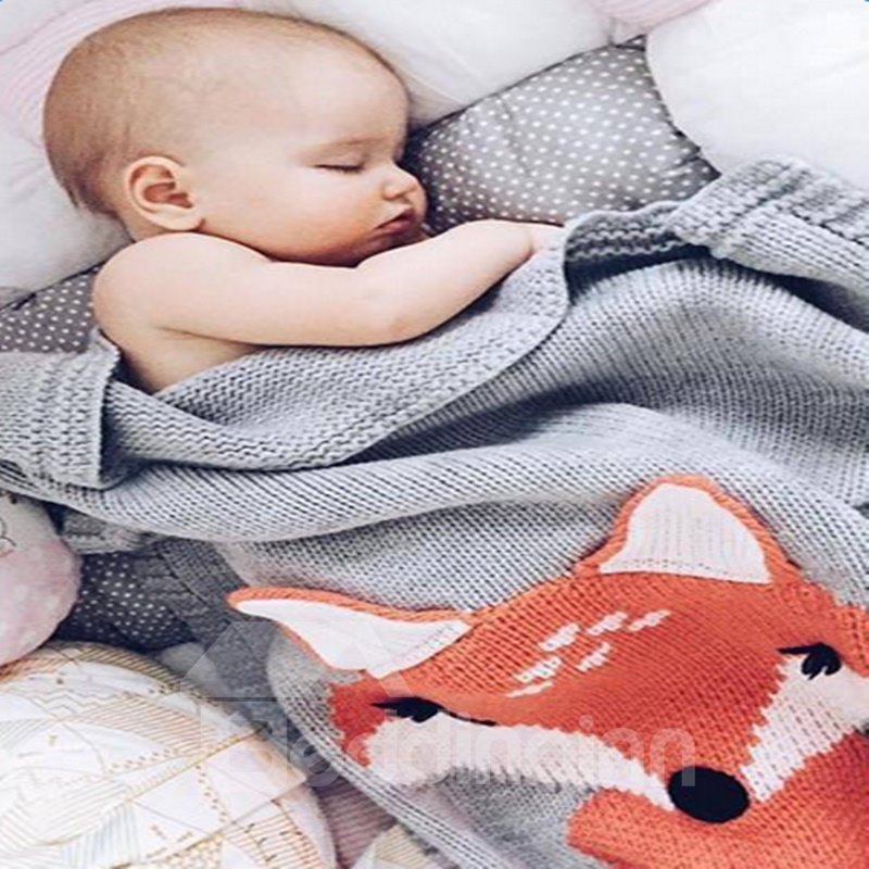 Fox Pattern Wool Nordic Style Gray Baby Blanket