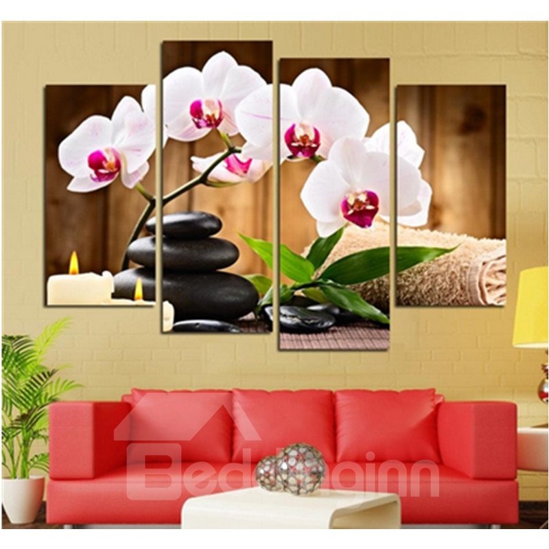 Impresiones de pared sin marco en lienzo de 4 piezas de Phalaenopsis blanca y piedras negras