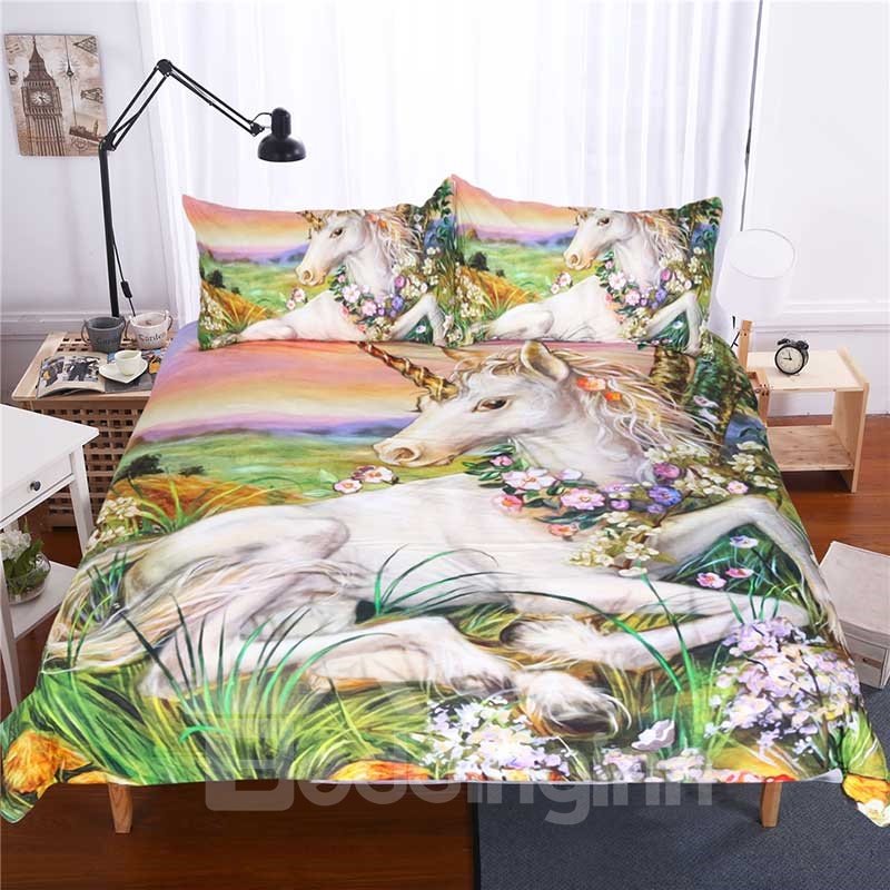 Das Einhorn mit einem Kranz Ölgemälde Polyester 3-teilige Bettwäsche-Sets/Bettbezüge