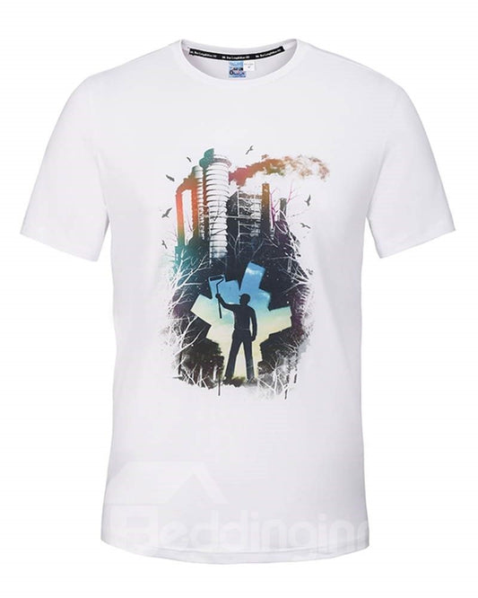 Camiseta blanca pintada en 3D con cuello redondo y estampado novedoso