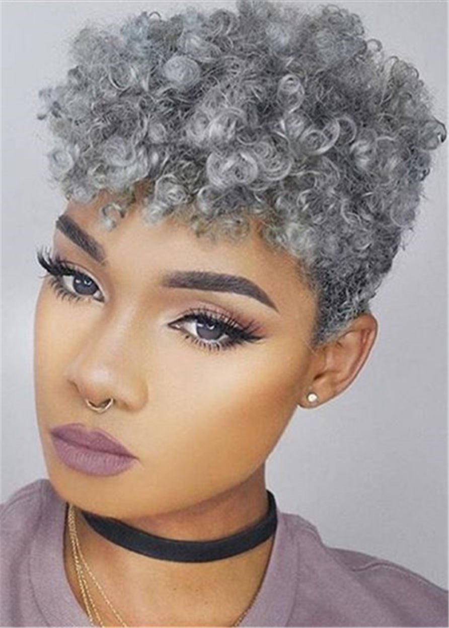 Kurze Pixie Cut Afro Kinky Curly 100 % Echthaar-Perücken ohne Kappe 