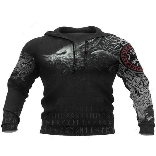 Männer Wikinger Pullover 3D-Druck Jormungandr Tattoos Lässiger übergroßer Kapuzenpullover Nordischer Mythos Herbst mit großen Taschen Lose Jacke 