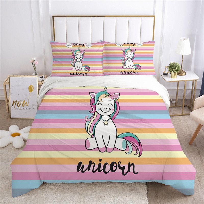 Cartoon Unicorn 3-Piece Bedding Set Soft Skin-friendly Polyester Gift for Girls Bedroom