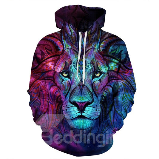 Sudadera con capucha de manga larga Patrón 3D Bohemia Azul León Rey Cara