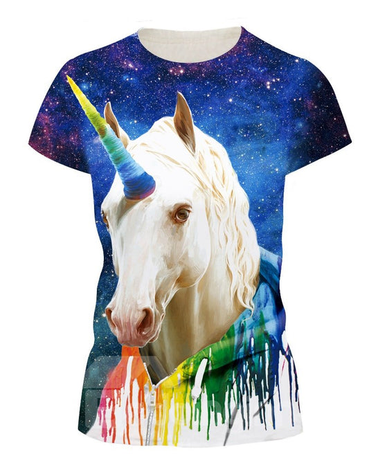 Camiseta pintada en 3D con cuello redondo y cuerno colorido de un unicornio
