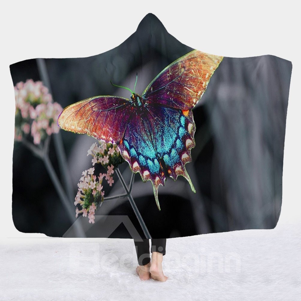 Butterfly and Flower Printed Super Soft Sherpa Fleece 3D Hooded Blanket