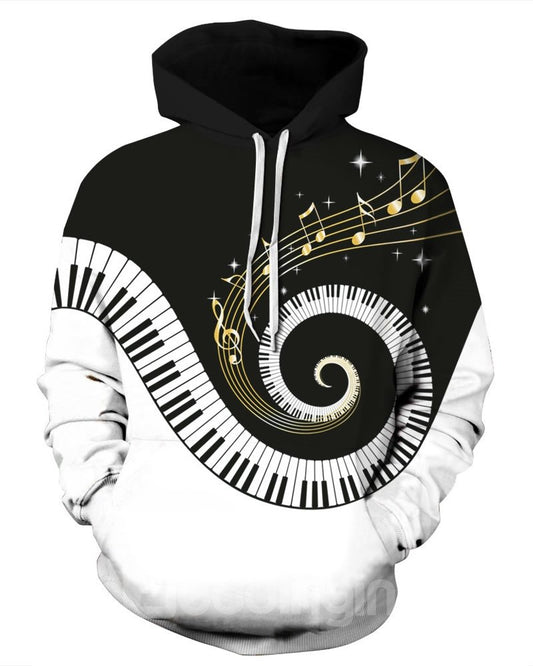 Sudadera con capucha pintada en 3D con teclado de piano de manga larga que toca el patrón de música de fantasía